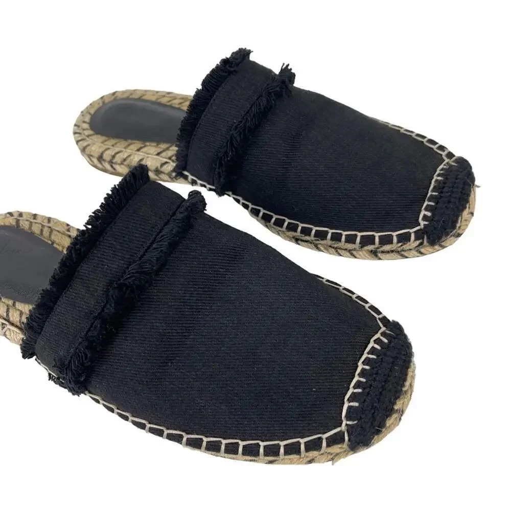 JOIE Black Cain Fringe Espadrille Mules Slides Shoes Size 39 US 9